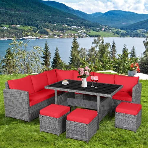 Topbuy 7-Piece Wicker Patio Furniture Set Outdoor Rattan Sofa Set Conversation Couch Set Red/Turquoise/White/Black