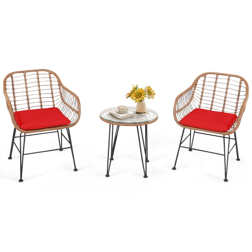 Topbuy 3 PCS Patio Rattan Furniture Set with Round Tempered Glass Top Table & 2 Rattan Armchairs White/Turquoise/Red
