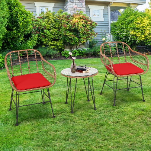 Topbuy 3 PCS Patio Rattan Furniture Set with Round Tempered Glass Top Table & 2 Rattan Armchairs White/Turquoise/Red