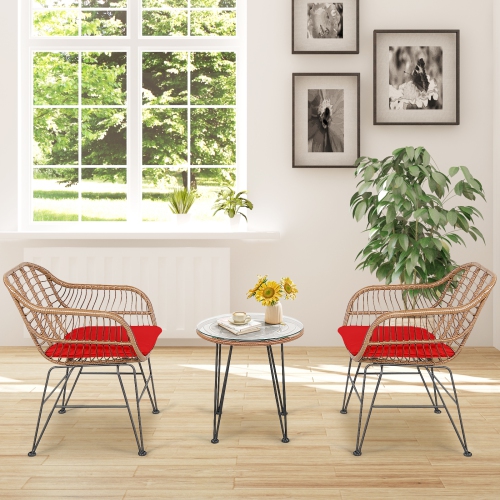 Topbuy 3 PCS Patio Rattan Furniture Set with Round Tempered Glass Top Table & 2 Rattan Armchairs White/Turquoise/Red