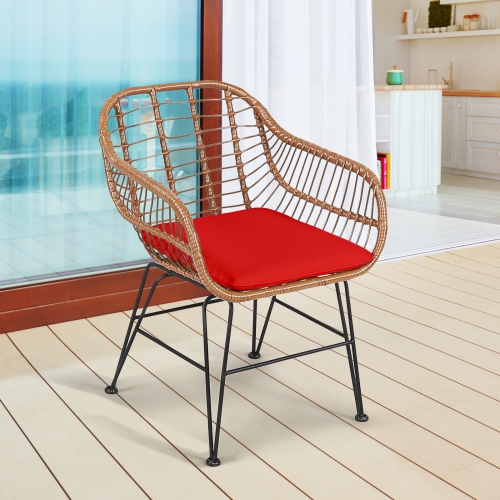 Topbuy 3 PCS Patio Rattan Furniture Set with Round Tempered Glass Top Table & 2 Rattan Armchairs White/Turquoise/Red