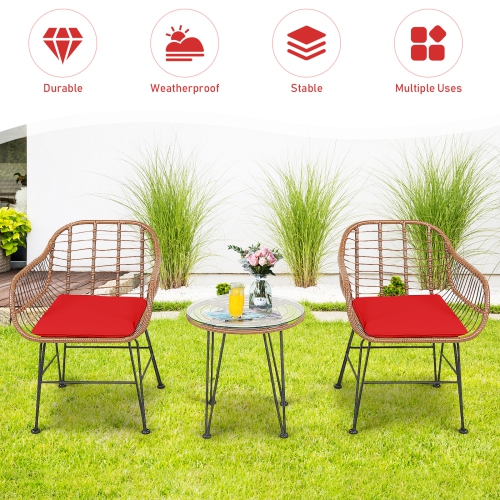 Topbuy 3 PCS Patio Rattan Furniture Set with Round Tempered Glass Top Table & 2 Rattan Armchairs White/Turquoise/Red
