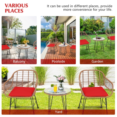 Topbuy 3 PCS Patio Rattan Furniture Set with Round Tempered Glass Top Table & 2 Rattan Armchairs White/Turquoise/Red