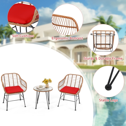 Topbuy 3 PCS Patio Rattan Furniture Set with Round Tempered Glass Top Table & 2 Rattan Armchairs White/Turquoise/Red