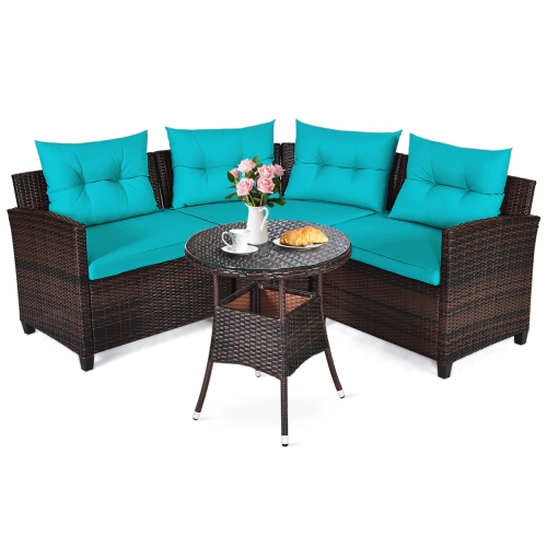 TOPBUY  4PCs Outdoor Patio Conversation Set Wicker Rattan Sectional Sofa W/cushions Black/tan/turquoise/navy/red