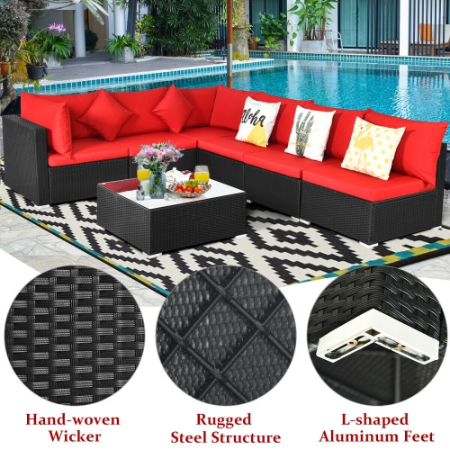 Topbuy 7-Piece Patio PE Rattan Sectional Sofa Furniture Set Wicker Sofa Conversation Set Navy/Turquoise/Red