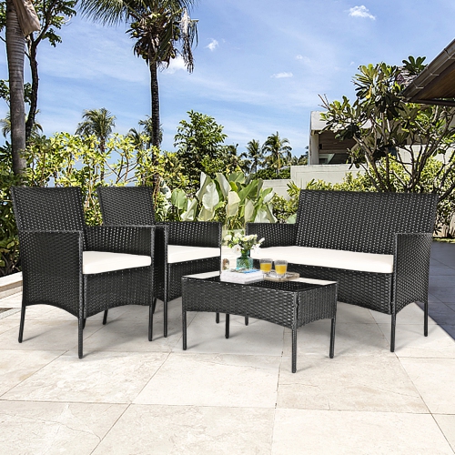 Topbuy 4PCS Rattan Wicker Furniture Set Loveseat Chairs Outdoor Cushioned Sofa