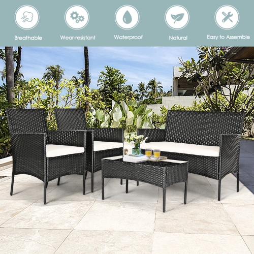 Topbuy 4PCS Rattan Wicker Furniture Set Loveseat Chairs Outdoor Cushioned Sofa