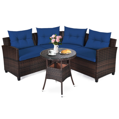 TOPBUY  4PCs Outdoor Patio Conversation Set Wicker Rattan Sectional Sofa W/cushions Black/tan/turquoise/navy/red