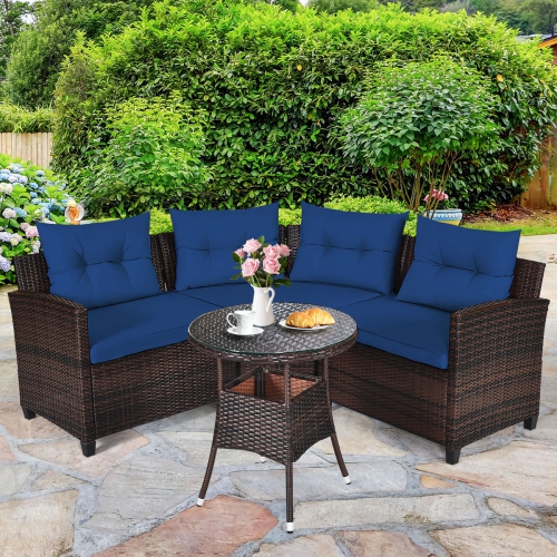 Topbuy 4PCS Outdoor Patio Conversation Set Wicker Rattan Sectional Sofa W/Cushions Black/Tan/Turquoise/Navy/Red