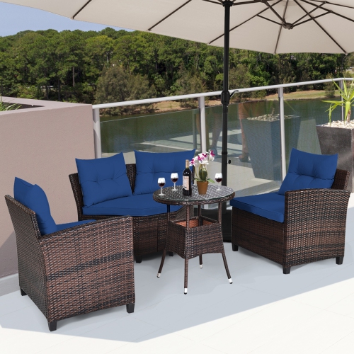 Topbuy 4PCS Outdoor Patio Conversation Set Wicker Rattan Sectional Sofa W/Cushions Black/Tan/Turquoise/Navy/Red