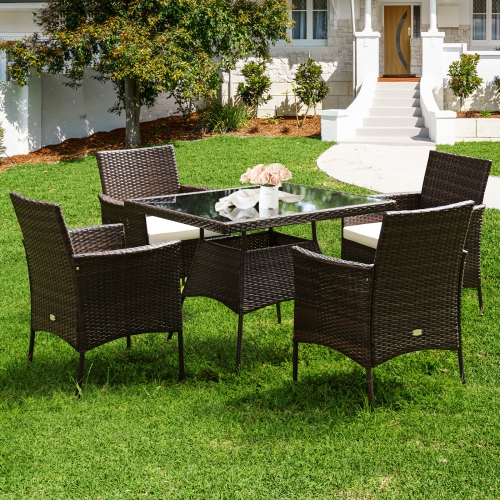 Patiojoy 5 PCS Outdoor Rattan Dining Set Patio Wicker Conversation Set w/Cushioned Chair & Glass Table
