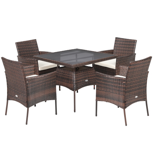 Patiojoy 5 PCS Outdoor Rattan Dining Set Patio Wicker Conversation Set Cushioned Armrest Chair & Glass Table