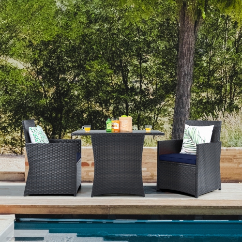 GYMAX  3PCs Patio Wicker Bistro Set Pe Rattan Dining Table Set W/ Cushions In Navy