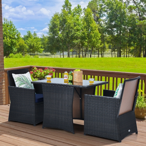 Gymax 3PCS Patio Wicker Bistro Set PE Rattan Dining Table Set w/ Navy Cushions
