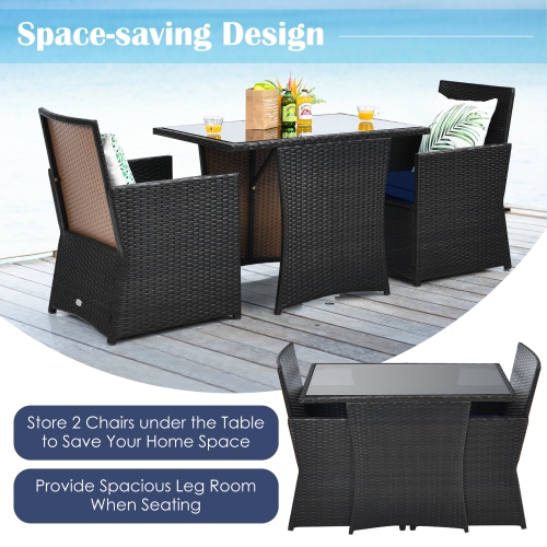 Gymax 3PCS Patio Wicker Bistro Set PE Rattan Dining Table Set w/ Navy Cushions