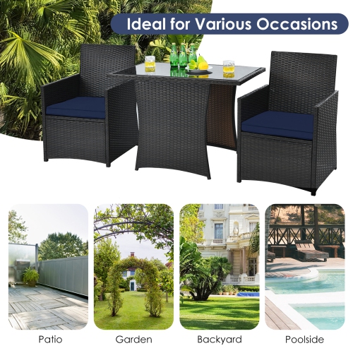 Gymax 3PCS Patio Wicker Bistro Set PE Rattan Dining Table Set w/ Navy Cushions