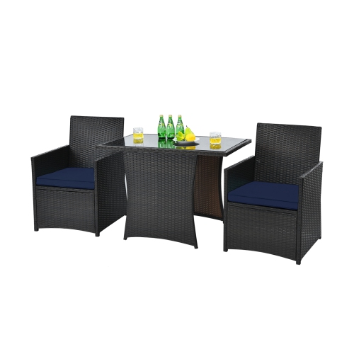 Gymax 3PCS Patio Wicker Bistro Set PE Rattan Dining Table Set w/ Navy Cushions