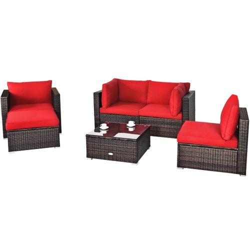 TOPBUY  Patiojoy 6PCs Rattan Patio Furniture Set Cushioned Sofa Chair Ottoman Turquoise/red/navy/black/white