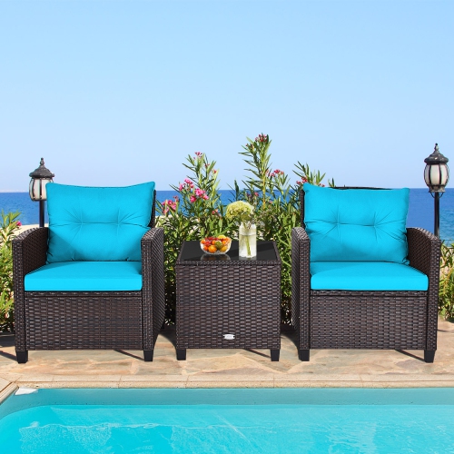 Patiojoy 3PCS Wicker Cushioned Conversation Set Outdoor Rattan Furniture w/Turquoise Cushions