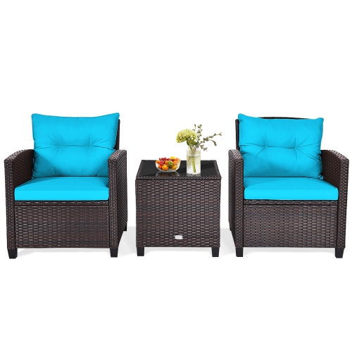 Patiojoy 3PCS Wicker Cushioned Conversation Set Outdoor Rattan Furniture w/Turquoise Cushions