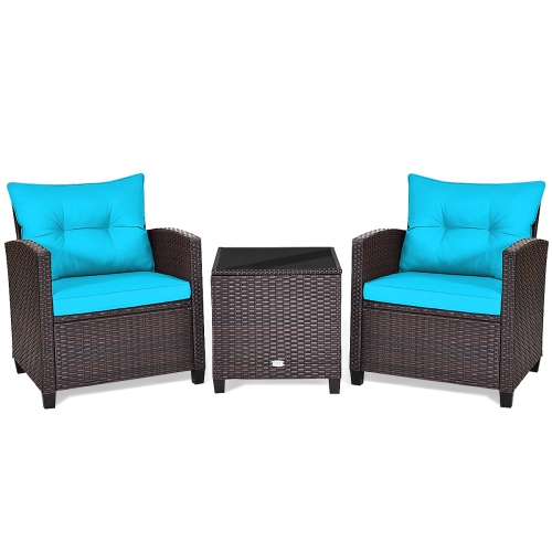 Patiojoy 3PCS Wicker Cushioned Conversation Set Outdoor Rattan Furniture w/Turquoise Cushions