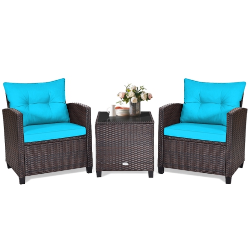 Patiojoy 3PCS Wicker Cushioned Conversation Set Outdoor Rattan Furniture w/Turquoise Cushions