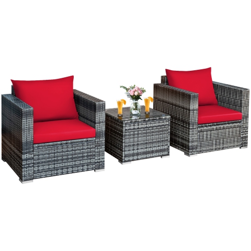TOPBUY  Patiojoy 3-Piece Patio Wicker Conversation Set Bistro Rattan Sofa Chair With Washable Cushion