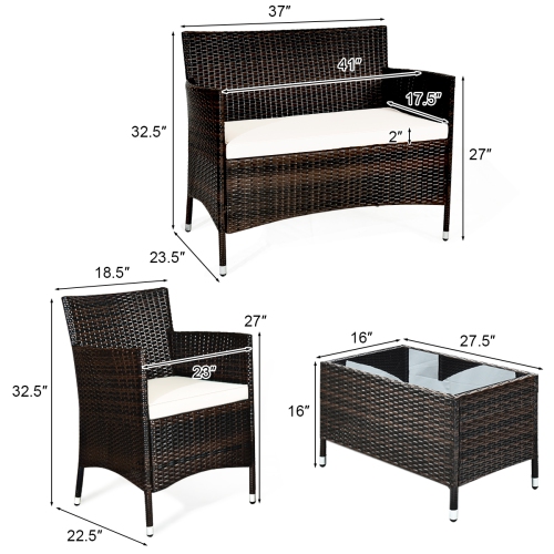 Topbuy 4-Piece Patio Rattan Wicker Furniture Set Sofa Chair Table Set w/ Red Cushions