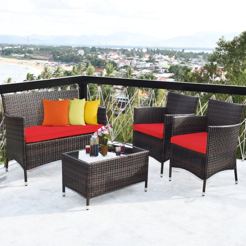 Topbuy 4-Piece Patio Rattan Wicker Furniture Set Sofa Chair Table Set w/ Red Cushions