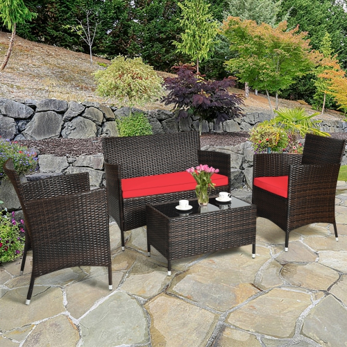 Topbuy 4-Piece Patio Rattan Wicker Furniture Set Sofa Chair Table Set w/ Red Cushions