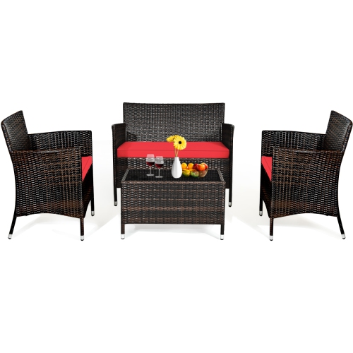 Topbuy 4-Piece Patio Rattan Wicker Furniture Set Sofa Chair Table Set w/ Red Cushions