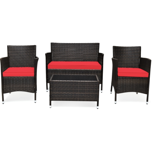 Topbuy 4-Piece Patio Rattan Wicker Furniture Set Sofa Chair Table Set w/ Red Cushions