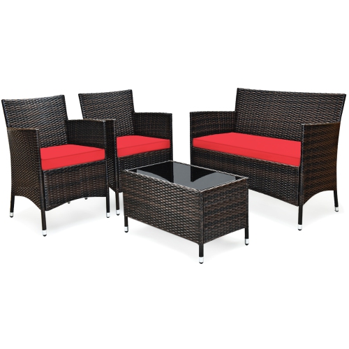 Topbuy 4-Piece Patio Rattan Wicker Furniture Set Sofa Chair Table Set w/ Red Cushions