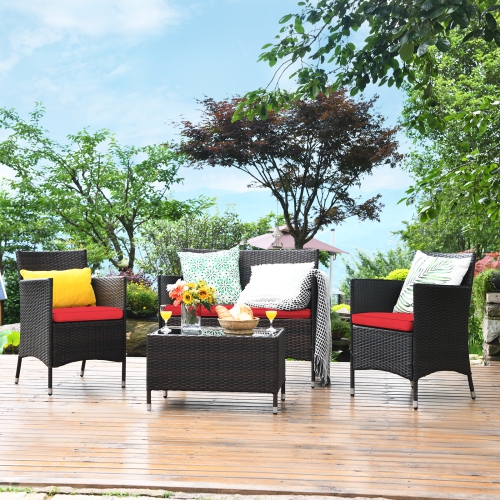 Topbuy 4-Piece Patio Rattan Wicker Furniture Set Sofa Chair Table Set w/ Red Cushions