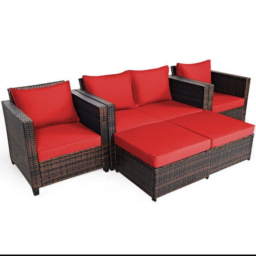 Topbuy 5 Pieces Patio Furniture Set Sectional Wicker Sofa Conversation Set with Removable Cushions White/Navy/Red/Turquoise