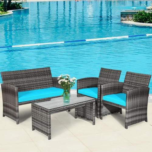 TOPBUY  4-Piece Outdoor Patio Furniture Set Rattan Wicker Conversation Sofa Set W/cushions In Turquoise
