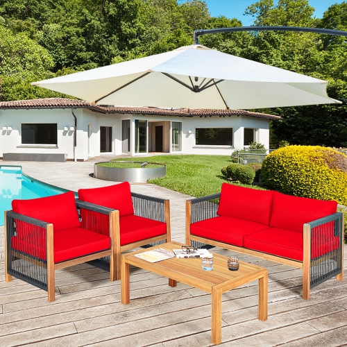 Topbuy Outdoor Patio Wood Conversation Furniture Set Padded Chair with Coffee Table Red/Turquoise