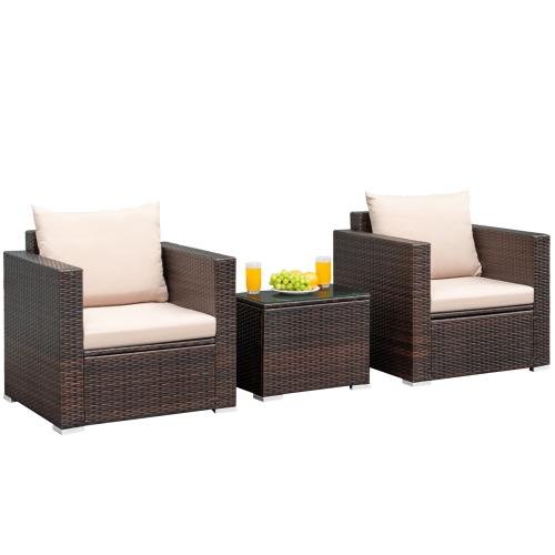 TOPBUY  Patiojoy 3PCs Patio Rattan Furniture Set With 2 Cushioned Sofas & Coffee Table for Outdoor In Brown