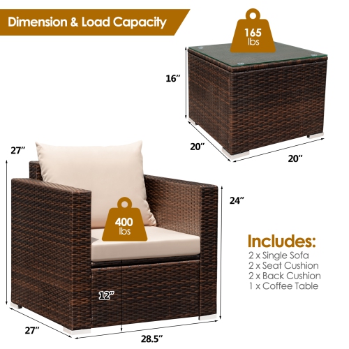 Patiojoy 3PCS Patio Rattan Furniture Set with 2 Cushioned Sofas & Coffee Table for Outdoor Brown