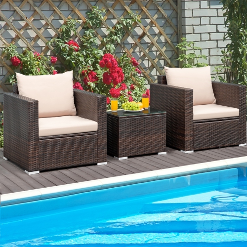 Patiojoy 3PCS Patio Rattan Furniture Set with 2 Cushioned Sofas & Coffee Table for Outdoor Brown