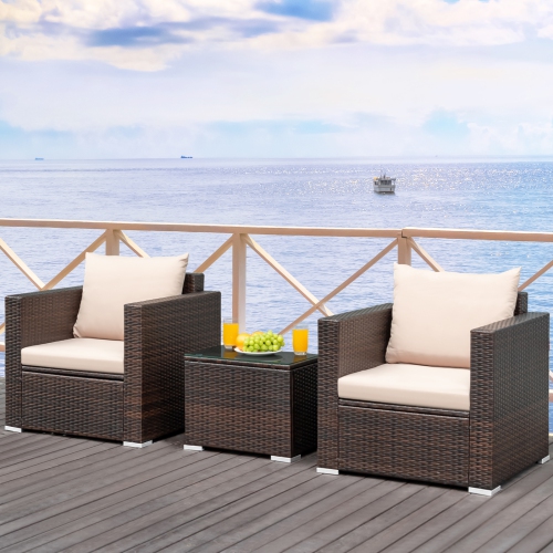 Patiojoy 3PCS Patio Rattan Furniture Set with 2 Cushioned Sofas & Coffee Table for Outdoor Brown