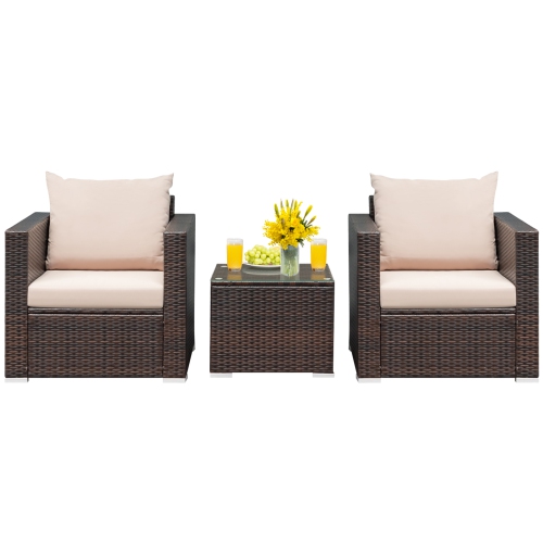 Patiojoy 3PCS Patio Rattan Furniture Set with 2 Cushioned Sofas & Coffee Table for Outdoor Brown