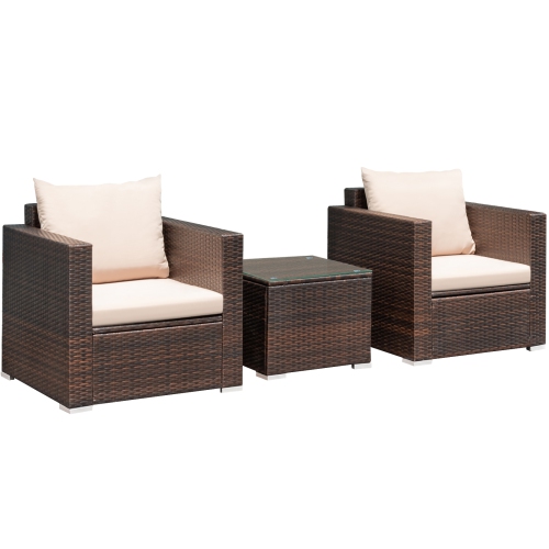 Patiojoy 3PCS Patio Rattan Furniture Set with 2 Cushioned Sofas & Coffee Table for Outdoor Brown
