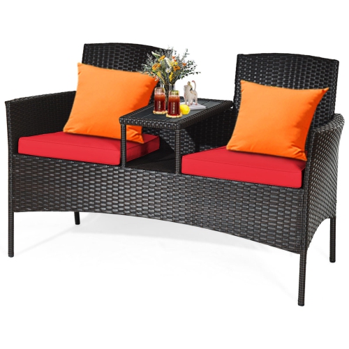 Topbuy Outdoor Patio Rattan Wicker Conversation Set Loveseat Sofa with Coffee Table Patented Turquoise/Red