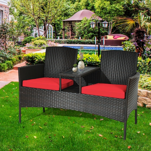 Topbuy Outdoor Patio Rattan Wicker Conversation Set Loveseat Sofa with Coffee Table Patented Turquoise/Red
