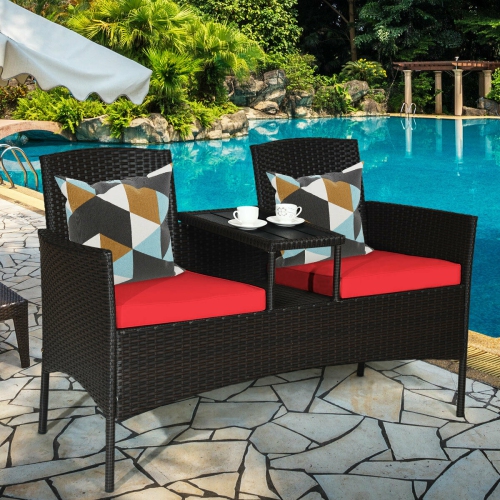Topbuy Outdoor Patio Rattan Wicker Conversation Set Loveseat Sofa with Coffee Table Patented Turquoise/Red