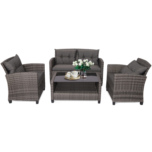 TOPBUY  4-Piece Outdoor Patio Furniture Set Rattan Wicker Conversation Sofa Set With Coffee Table