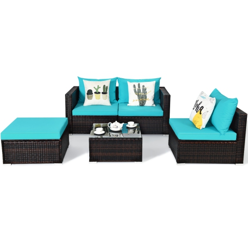 Topbuy 5PCS Patio Rattan Wicker Sofa Furniture Set Sectional Conversation Sofa Set Blue