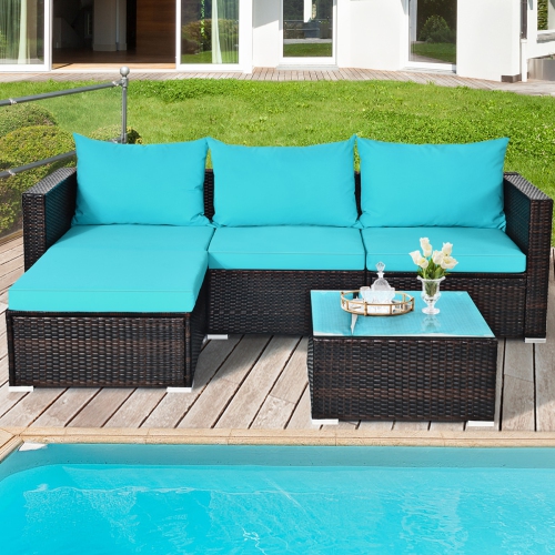 Topbuy 5PCS Patio Rattan Wicker Sofa Furniture Set Sectional Conversation Sofa Set Blue